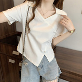 正肩不规则短款 新中式 polo领上衣 大码 胖mm修身 国风t恤短袖 女夏季