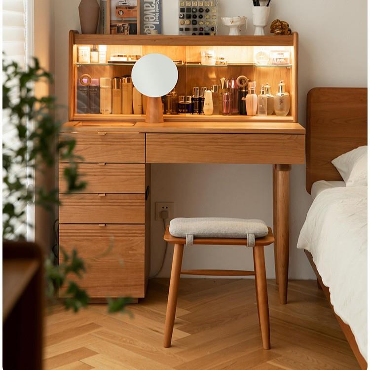 悦己樱桃储木梳妆台卧室木现代桌简约收纳化妆极77596简带灯实化