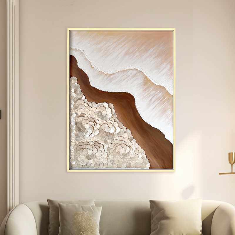 欧式轻奢手绘拼贴贝壳装饰画高档肌理感油画客厅玄关沙发背景挂画