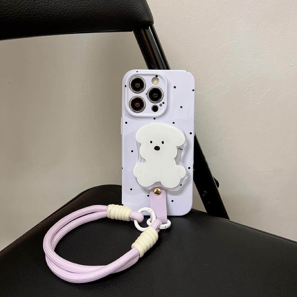 ins紫色波点小狗支架16适用17promax手机壳带挂绳苹果15软14/13女