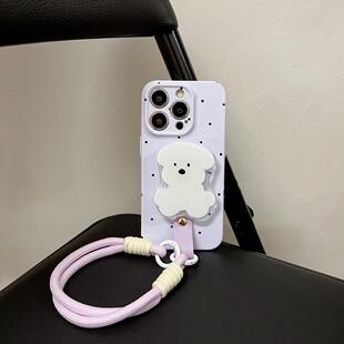ins紫色波点小狗支架16适用17promax手机壳带挂绳苹果15软14/13女