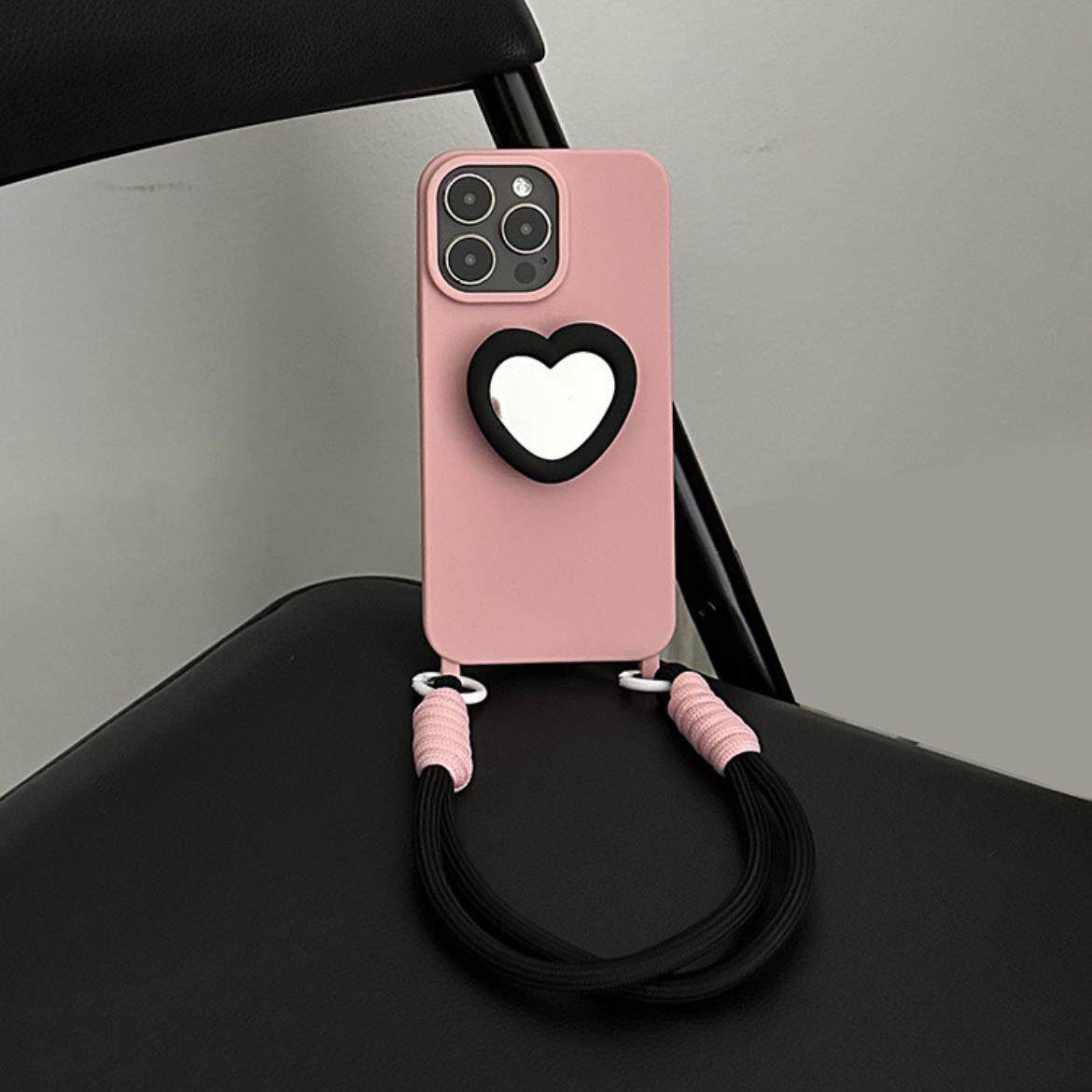 粉撞黑爱心镜子支架适用于15promax手机壳苹果14腕带13软12硅胶11