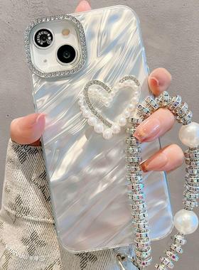 珍珠爱心手链苹果14手机壳适用于15promaxins风 13清新12防摔硅胶