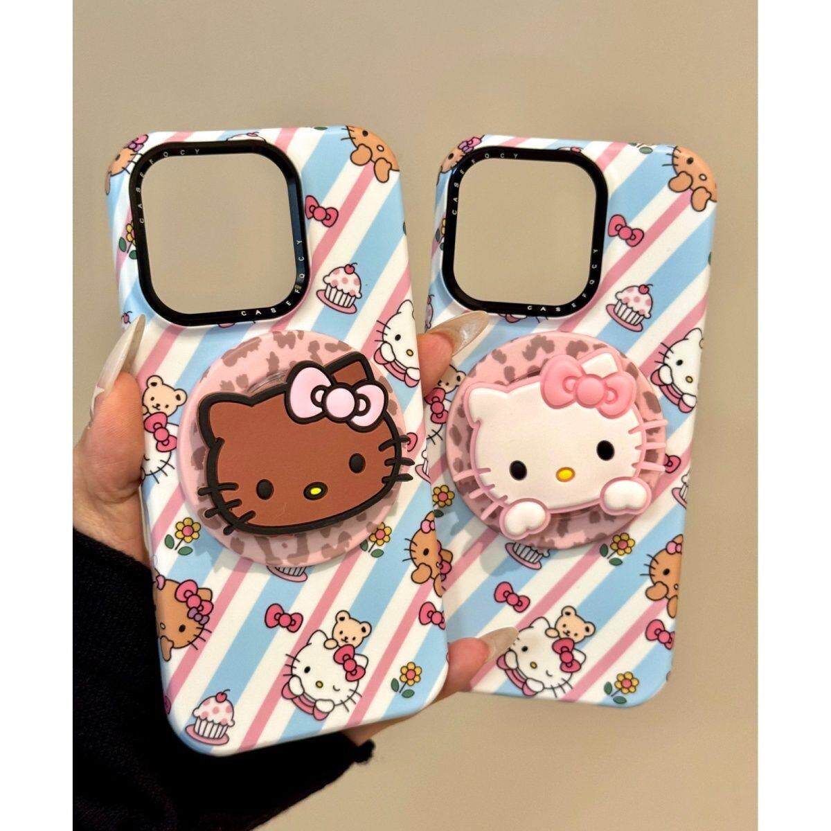 卡通蓝白粉条纹蛋糕眨眼可爱猫咪适用iphone16promax苹果15手机壳