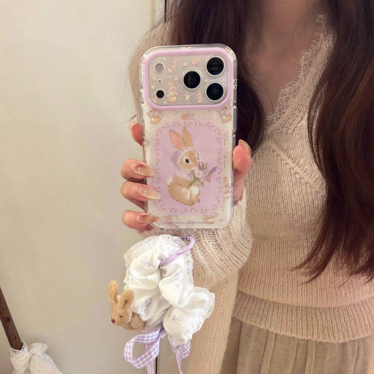 ins韩系春日里紫色碎花兔子适用17苹果16pro手机壳15promax保护套