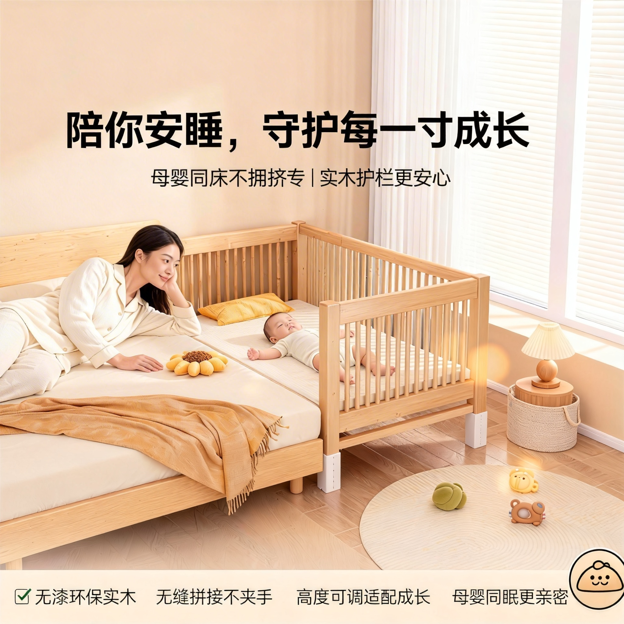 可调节婴儿床实木护栏儿童拼接床
