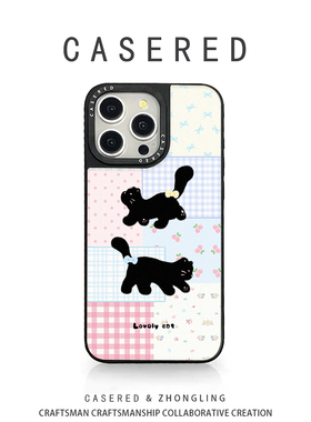 CASERED联名格子黑猫适用于苹果17手机壳新款小米15华为pura80黑框vivo荣耀iPhone16promax/13OPPO14羊皮三星