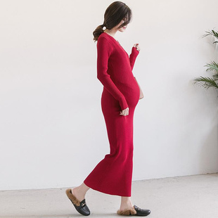 毛衣裙网红孕妇秋装 长款 修身 欧洲新款 时尚 孕妇针织连衣裙秋季 洋气