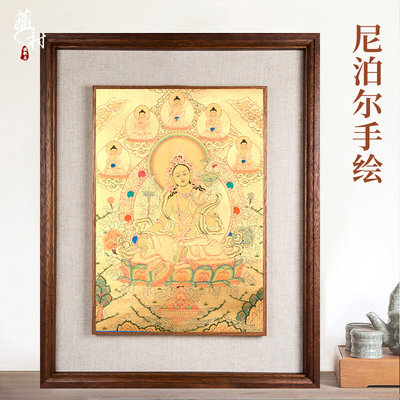 绿度母唐卡中式佛事挂件居家用品手绘装裱客厅装饰画描金挂画