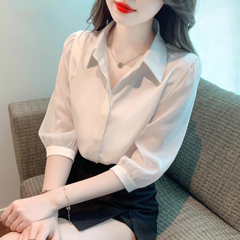 时尚气质短袖雪纺衬衫女夏季薄款2025新款高级感白色衬衣爆款上衣