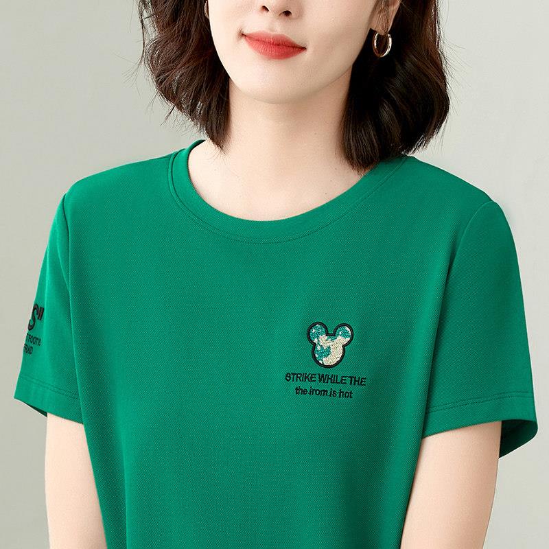 韩国女士短袖t恤女2025夏新款洋气时尚中年显瘦刺绣气质百搭上衣