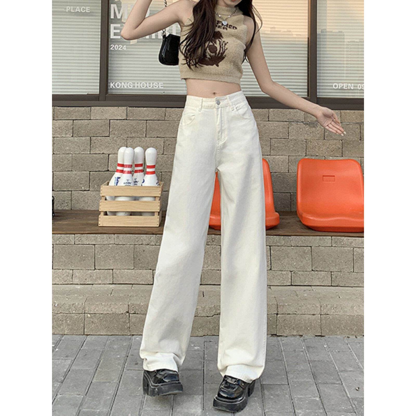 韩国高腰直筒牛仔裤女2026夏季新款白色宽松显瘦垂感拖地阔腿裤子