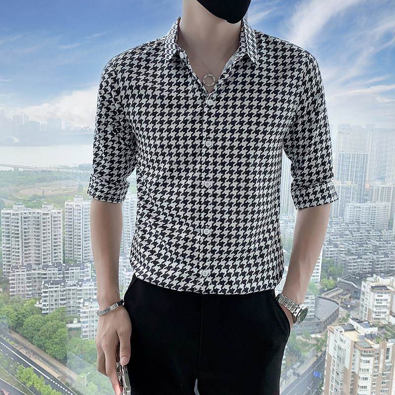 高端千鸟格短袖衬衫男夏季新款韩版修身中袖商务休闲七分袖衬衣潮