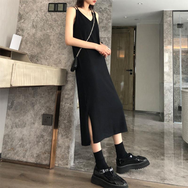 韩国2025春秋长裙女款 通勤风纯色小黑裙 V领拼接吊带连衣裙