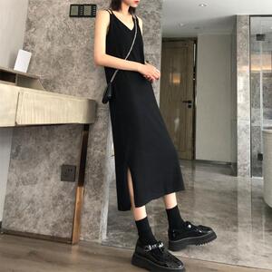 韩国2025春秋长裙女款 通勤风纯色小黑裙 V领拼接吊带连衣裙