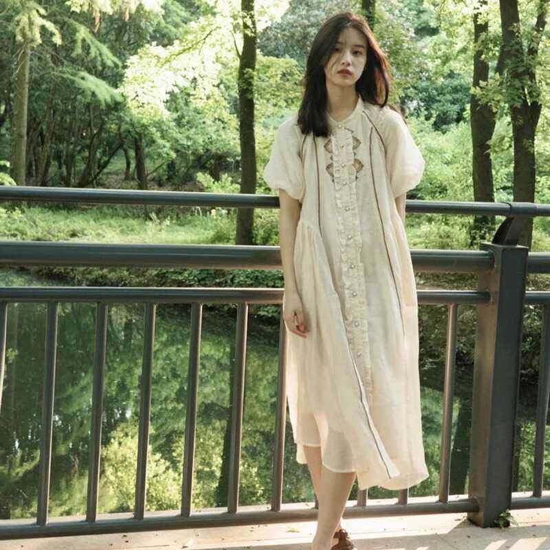 FAshi 法式复古刺绣森系洋装女度假风短袖宽松泡泡袖过膝长裙子