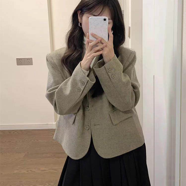高级感灰绿色羊毛呢小西装外套女款小个子宽松休闲气质百搭小西服