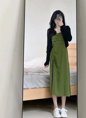 黑色长袖针织开h衫女秋季2024年新款J配吊带裙外搭防晒薄款显瘦上