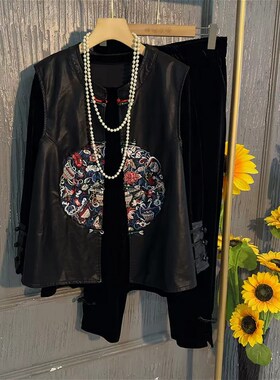 大码女装立领刺绣国风马甲盘扣y袖口打底小衫胖妹妹松紧腰黑色裤