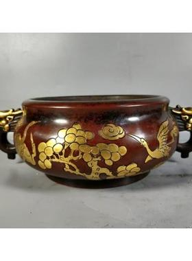 老件旧藏纯紫铜南溟燕京施铸款鎏金錾刻松鹤图龙头瑞兽香炉摆件