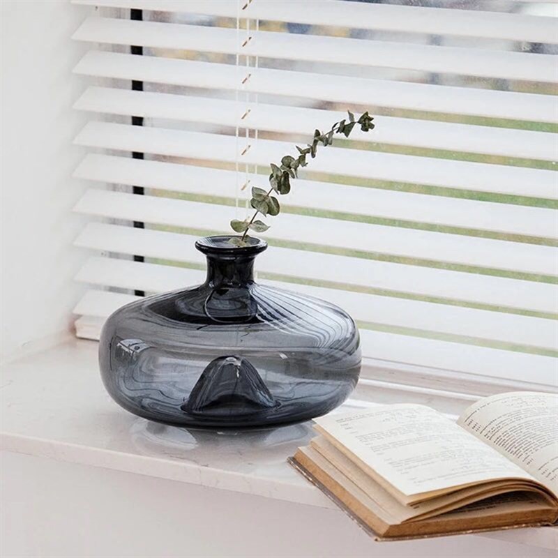 现代简约桌面 圆形彩色插花玻璃花瓶 客厅创意摆件扁圆花器 摆件