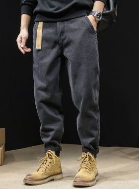 黑色牛仔裤男秋季潮牌宽松小脚大码裤E子2022新款男士哈伦长裤春