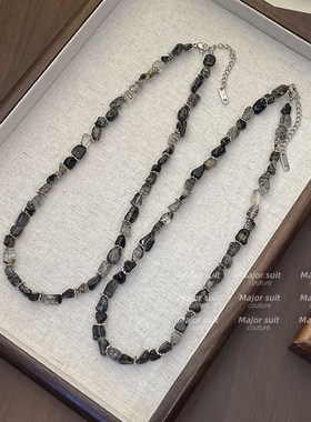 天然石黑色水晶串珠秋冬毛衣项链配饰高级感2024新款颈链锁骨链女