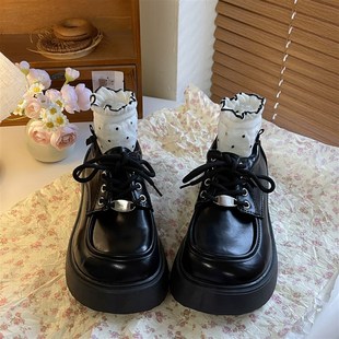 油桃Yoto学院风厚底小皮鞋女20C24新款系带圆头复古大头鞋增高单