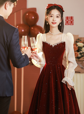 敬酒服新娘红色平时可穿p高级感夏季结婚长袖订婚礼服裙女2024新