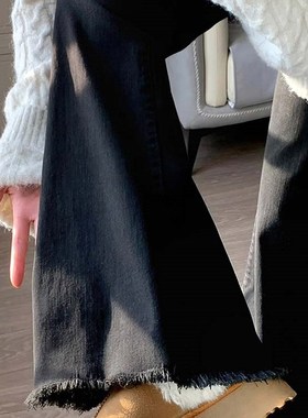 黑色毛边a微喇牛仔裤女2024新款夏季大码胖mm高腰显瘦阔腿喇叭裤
