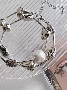 复古气质不规则金属拼接珍珠项链女冷淡风几何仿碎石锁骨链颈链潮