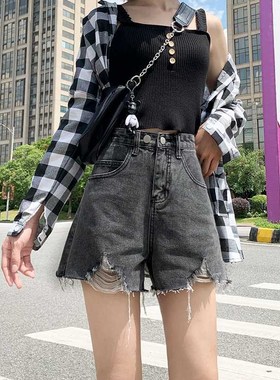 烟灰色牛仔短f裤i女2023年新款夏季高腰显瘦薄款宽松a字超短热裤