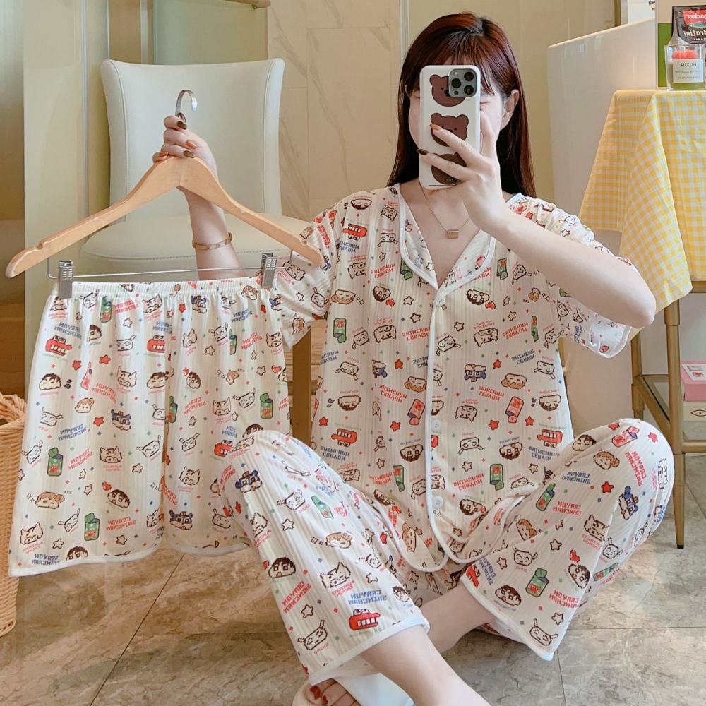 女士夏季短袖睡衣三件套韩版卡通家居服