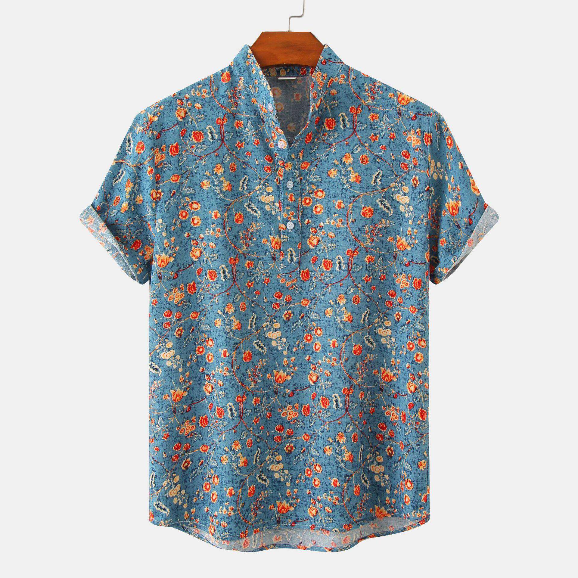 Hawaiian Shirt Men Half Placket Collar Beach Shirt Vacation - 实物图