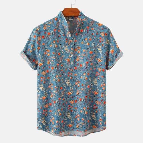 Hawaiian Shirt Men Half Placket Collar Beach Shirt Vacation