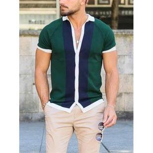 短袖 条纹撞色针织开衫 T恤休闲Polo衫 Men Shirt 欧美男装 2025夏季