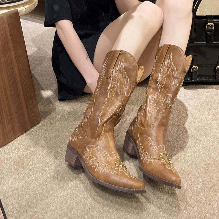 西部牛仔靴女骑士靴中筒靴Rivet cowboy boots women knight boot