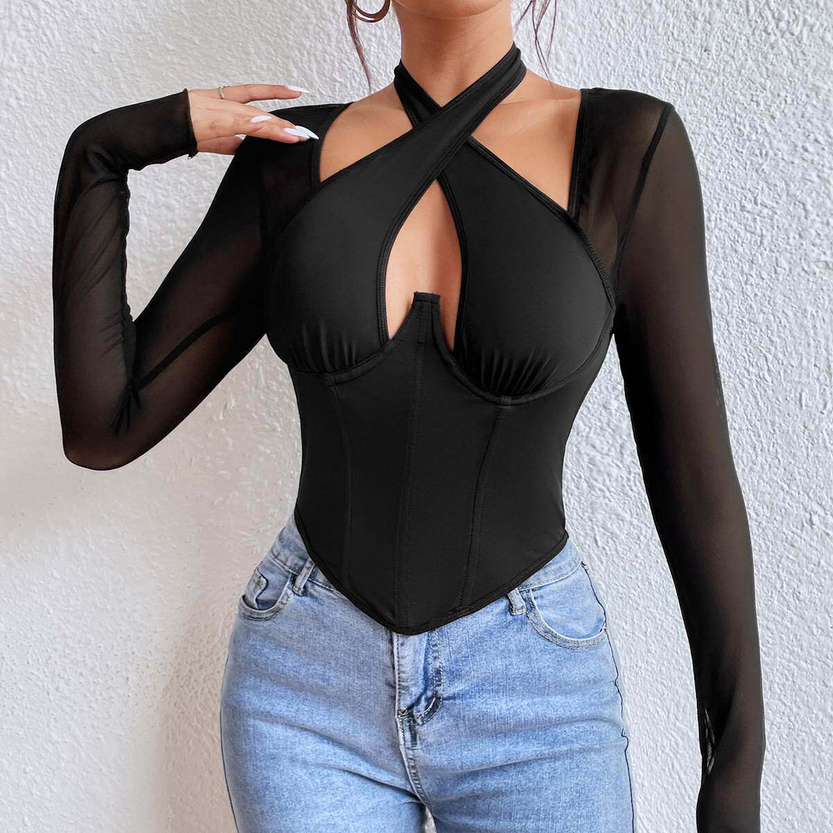 辣妹长袖t恤欧美钢圈鱼骨束腰上衣女 Fishbone Waist Top women
