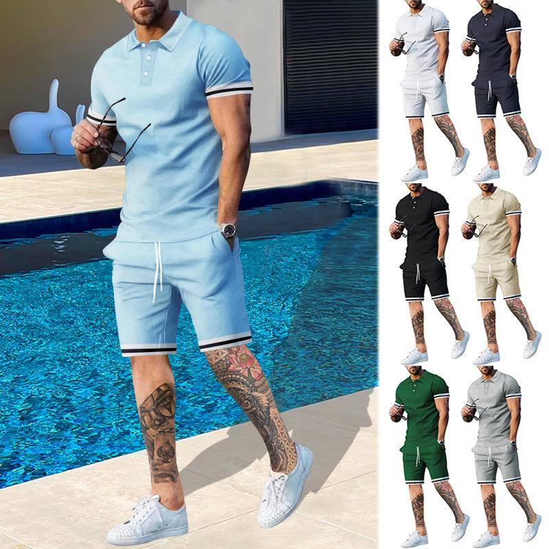 2023男装夏翻领短袖短裤运动休闲套装Men's casual two-piece set