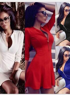 2018速卖通ebay新款春季欧美性感露胸v领拉链修身连衣裙