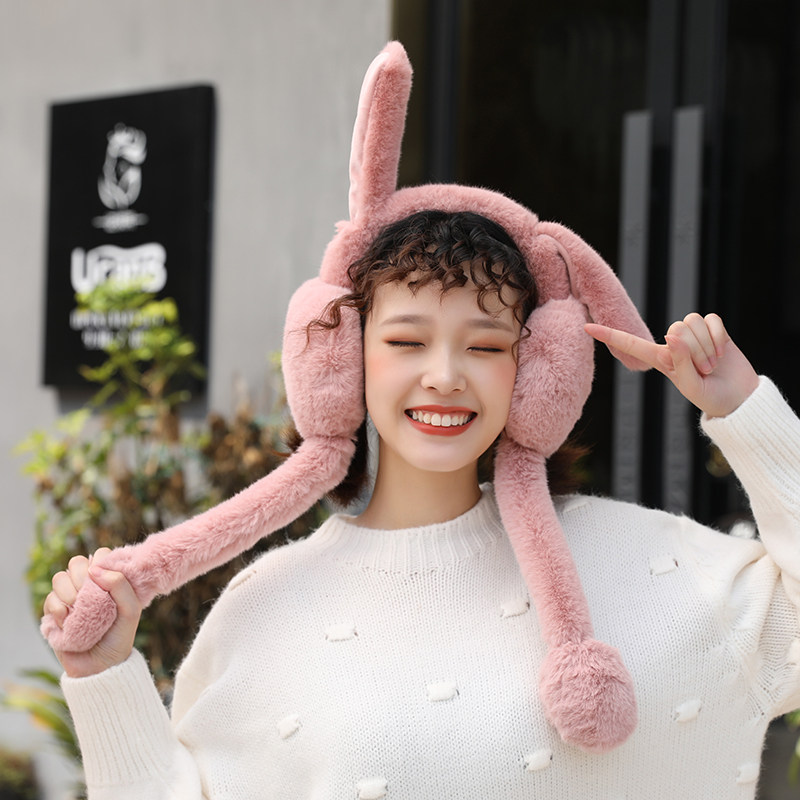 抖音会动的兔耳朵可爱耳罩女冬季天保暖耳套学生儿童防冻包护耳帽