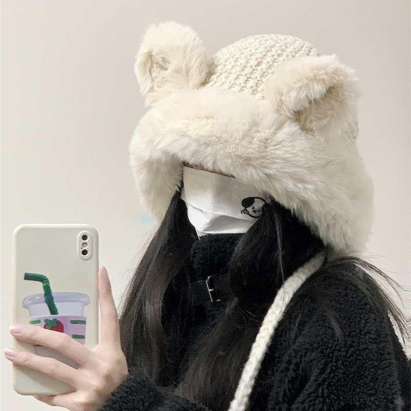 小熊帽子女秋冬季加厚毛绒茸护耳东北防寒骑车保暖可爱针织雷锋帽