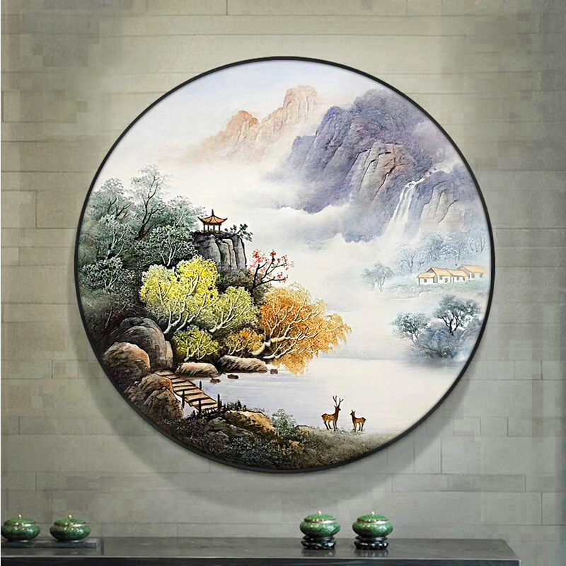 新中式客厅玄关风景画圆形装饰画餐厅壁画手绘油画鹿挂画图片