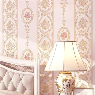 粉色竖条纹壁纸客厅卧室婚房加厚温馨D欧式 田园无纺布背景墙纸