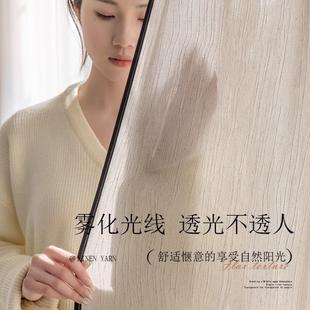 法式中古风客厅卧室透光不透人薄纱窗帘高级感黑边亚麻扶风纱窗纱