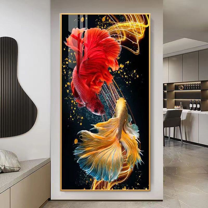 入户玄关装饰画九鱼图立体金鱼招财锦鲤客厅走廊壁画镶钻双鱼挂画