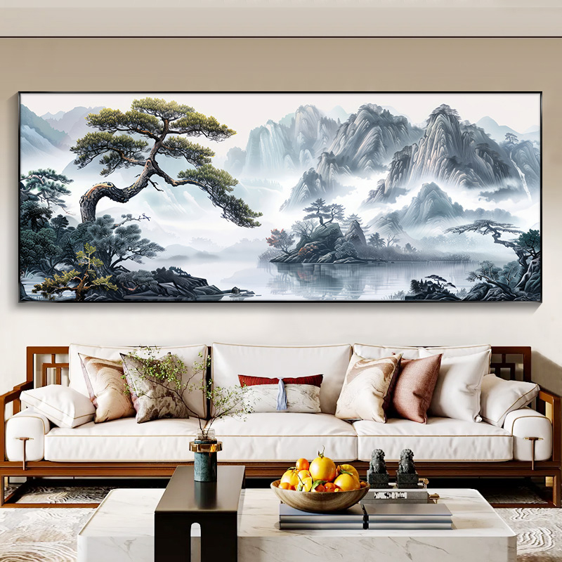 客厅装饰画新中式山水画客厅风景挂画办公室靠山图横幅迎客松壁画