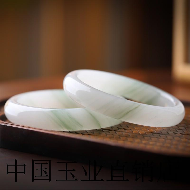 高端色金丝玉镯天山雪翠正圈手镯扁条冰种翡翠色飘花镯子送女生