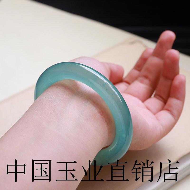 精选翡翠色天青冻木那高冰种晴水岫玉镯子蓝水危料海宝蓝圆条手镯