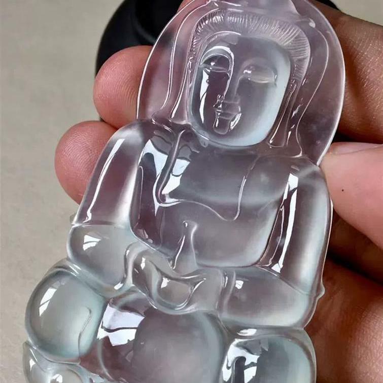 精品缅甸老坑翡翠色冰种观音平安如意挂件冰底雪棉花玉吊坠男女款